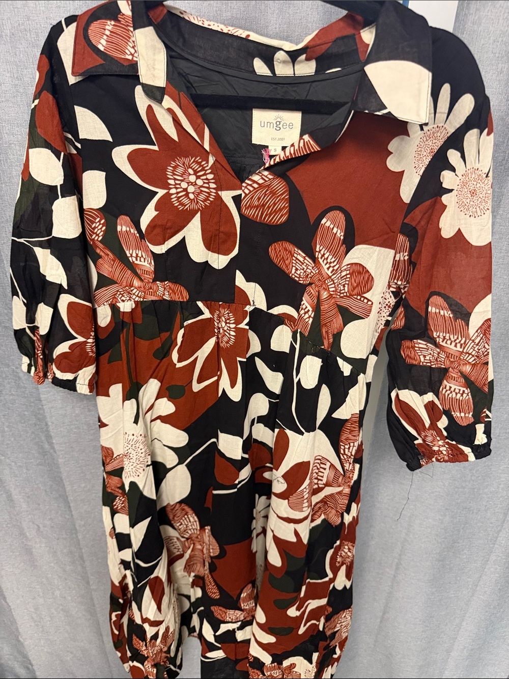 Umgee Black, Rust & Cream Floral Collared Midi Dress